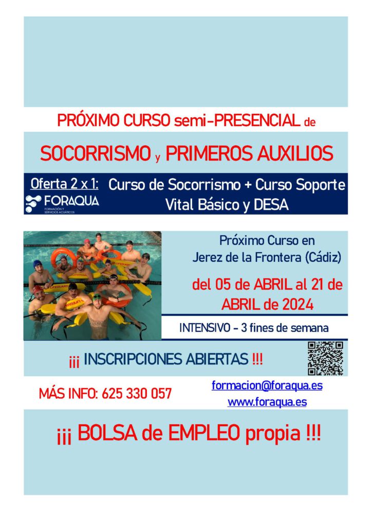 ForAqua organiza un curso de socorrista que comenzará a partir del 05 de ABRIL de 2024 en Jerez de la Frontera (Cádiz). Aprovecha esta oportunidad