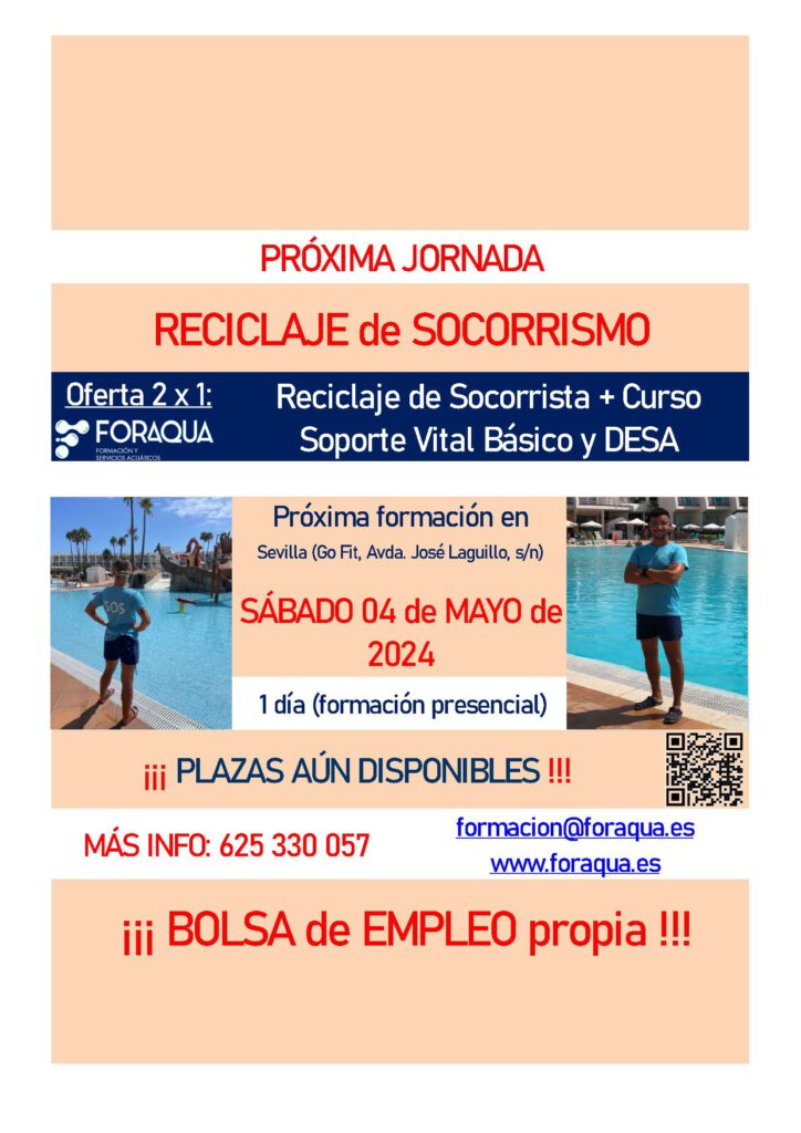 El próximo día 04 de MAYO de 2024, ForAqua organiza un reciclaje de socorrista en Sevilla. Incluye primeros auxilios y técnicas de rescate en espacios acuáticos